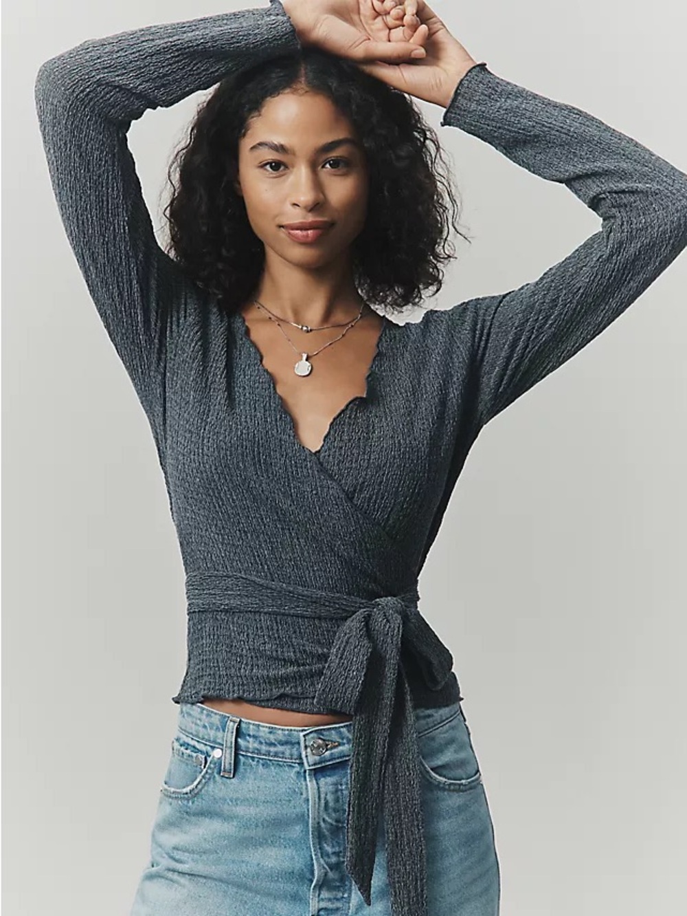Anthropologie Pilcro Textured Wrap Knit Top | Charcoal Grey | Medium